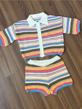 Crochet Two-Piece Striped Tank & Cardigan Set - Multicolor
